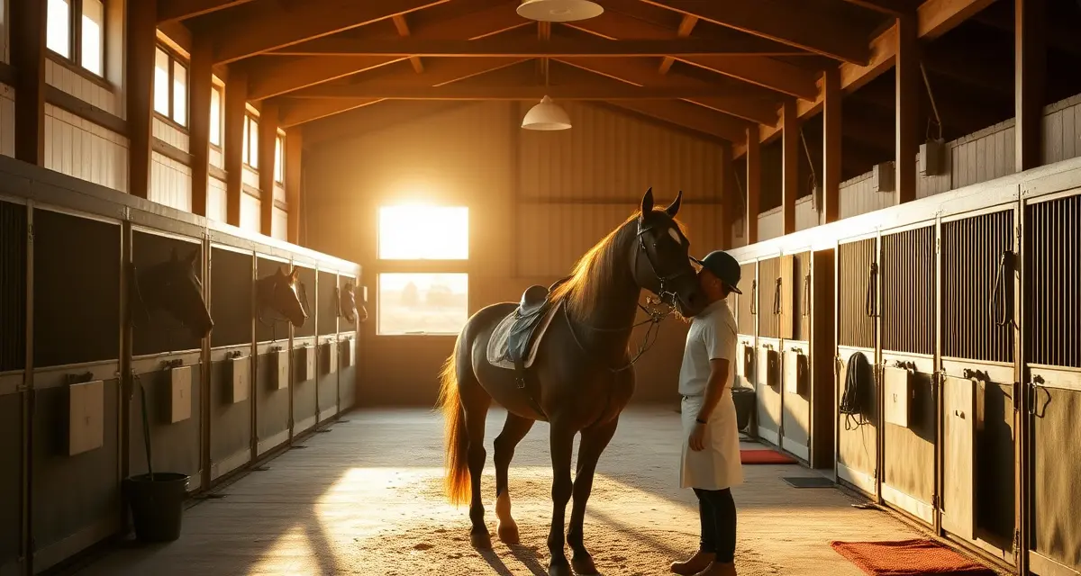 Organized polo barn with conditioned horses in stalls, professional tack management, and groom staff preparing equipment for training operations.