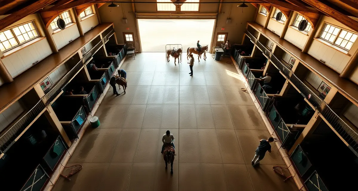 Professional polo barn with organized stalls, grooming areas, and equipment storage for efficient facility operations and horse management.
