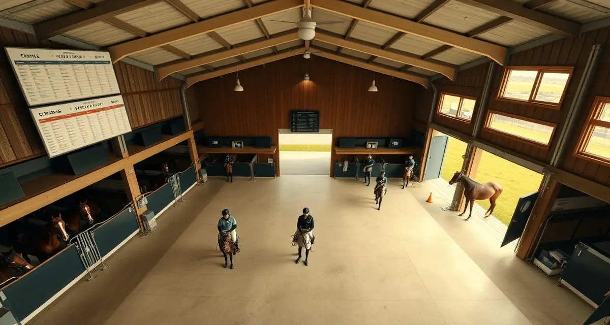 Polo barn scheduling coordination showing organized stalls, riders, and equipment management for complex facility operations.