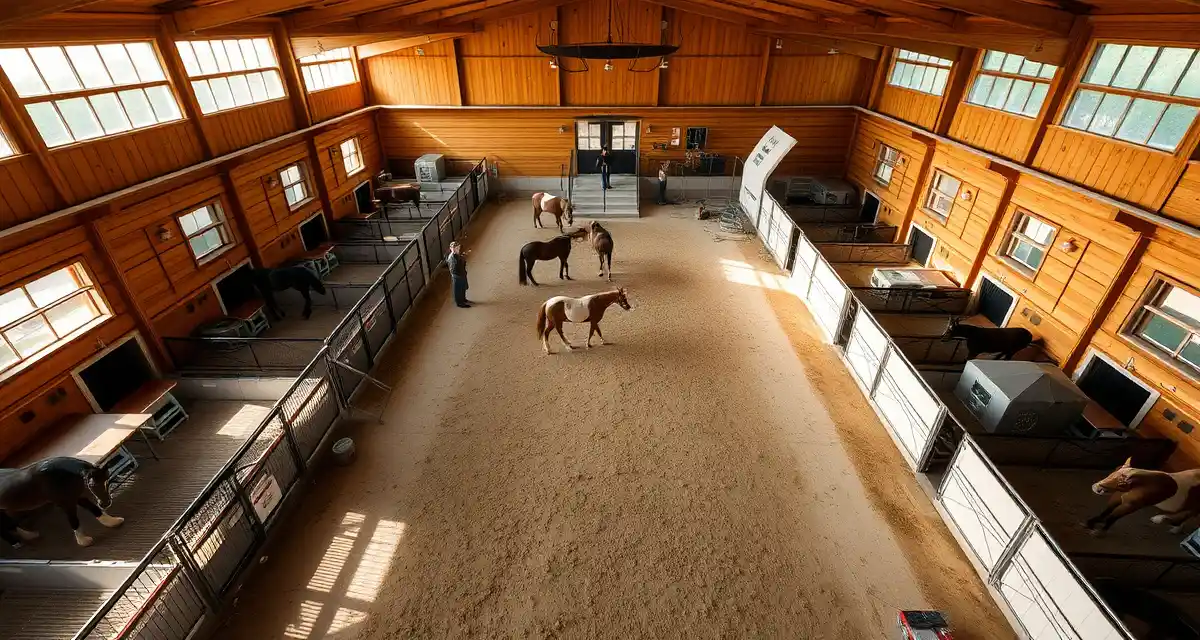 Organized polo barn facility showing stalls and conditioning area for seasonal operations management during off-season preparation.