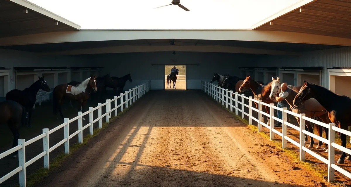 Professional polo barn facility showing organized horse stables, paddocks, and conditioning areas for polo pony management