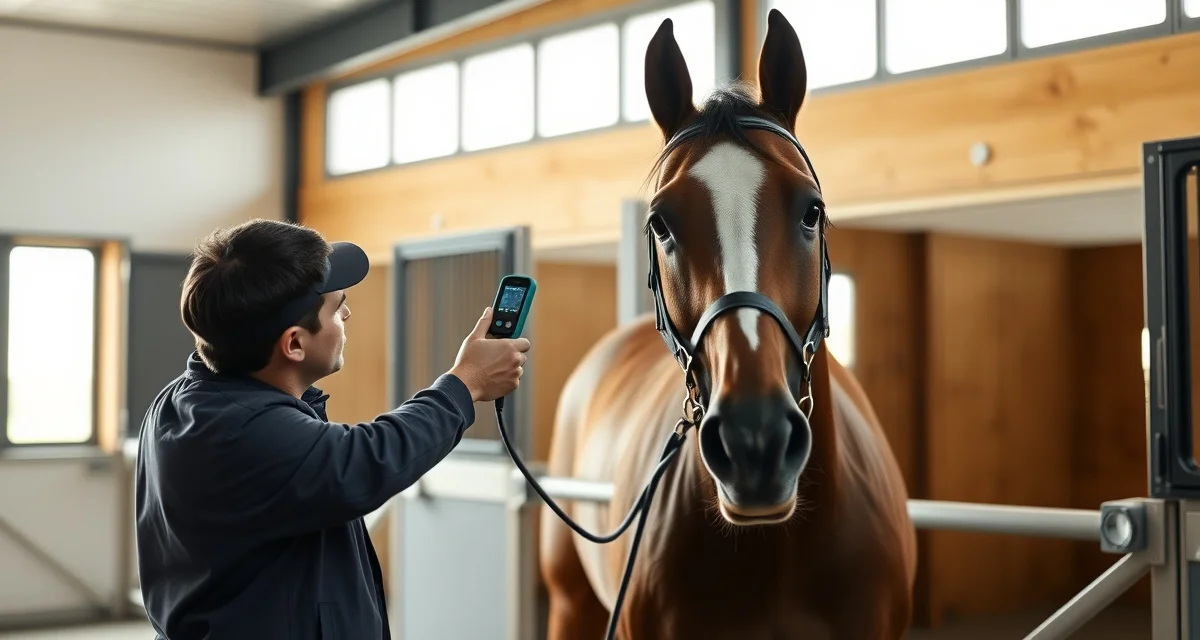 Facility manager performing health monitoring on polo pony in professional stable barn with veterinary equipment
