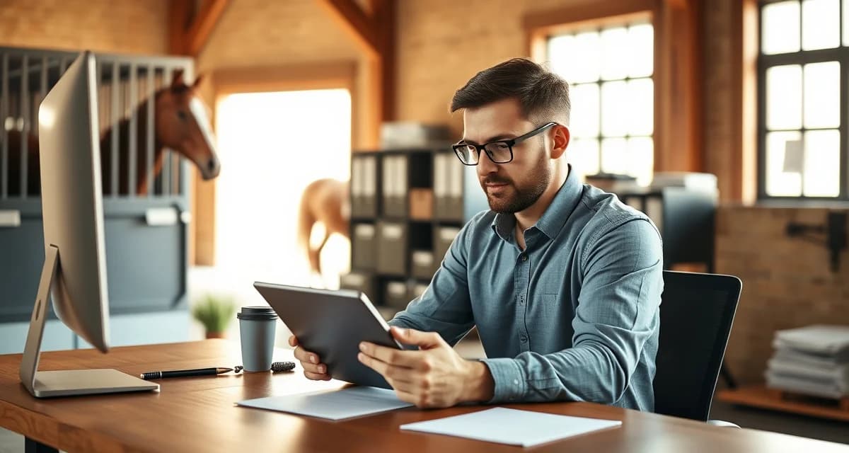 Barn manager organizing pony club billing communication and owner updates using digital management software on tablet