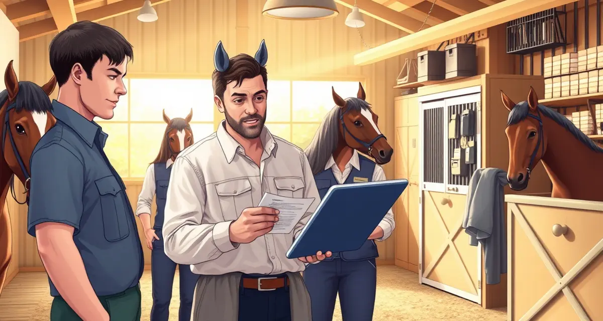 Pony Club barn owner reviewing emergency communication plan with staff members in organized stable office setting with safety protocols