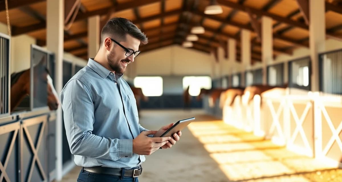 Barn manager organizing pony club owner communication updates using digital management software on tablet