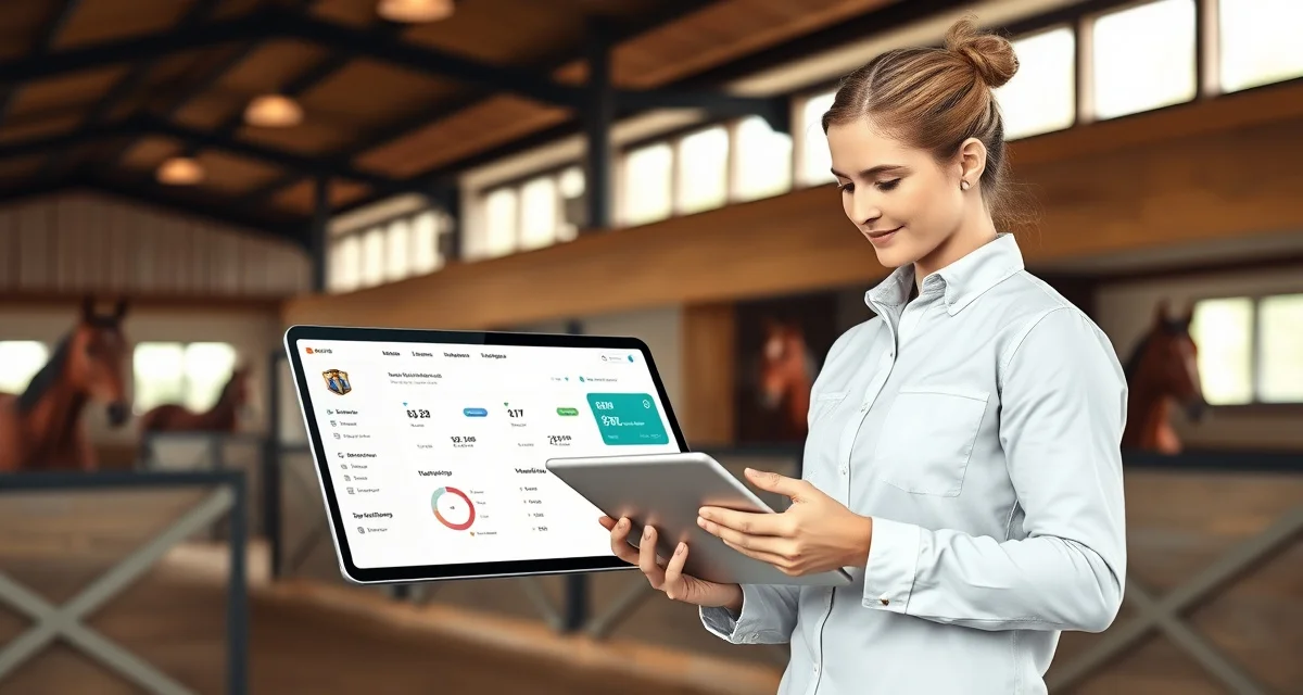 Barn manager reviewing pony club owner health updates and communication templates on digital dashboard interface
