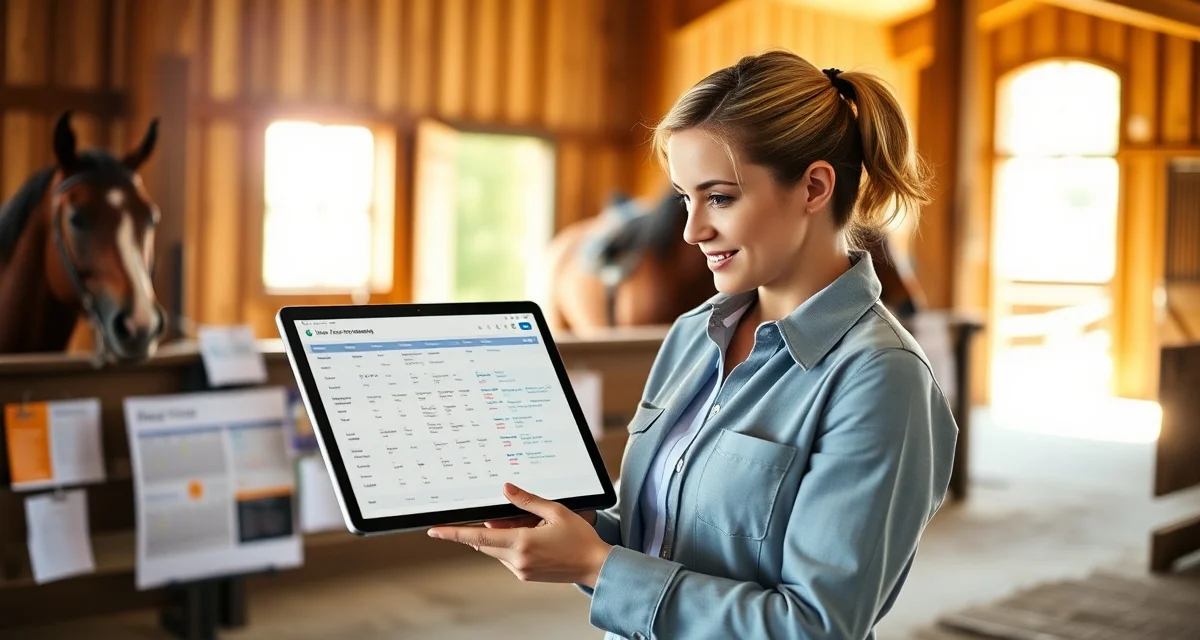 Pony club barn manager using digital scheduling software to coordinate youth riding lessons and volunteer assignments at equestrian facility