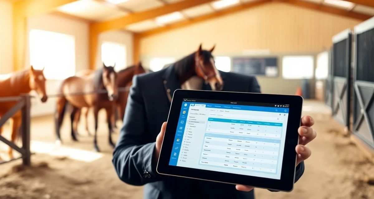 Pony Club barn manager reviewing centralized vet records and owner communication system on digital platform for facility management.