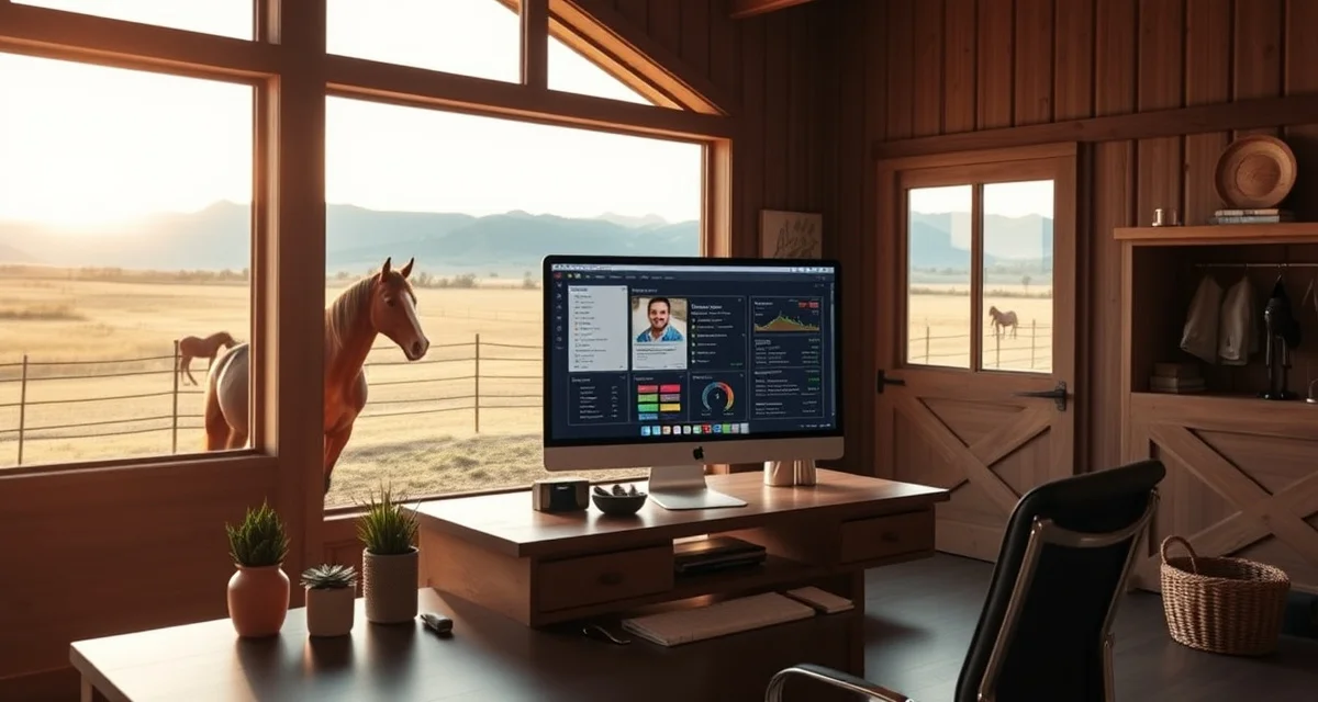 Barn management software displayed on computer in modern horse facility office near Provo, Utah with mountain views