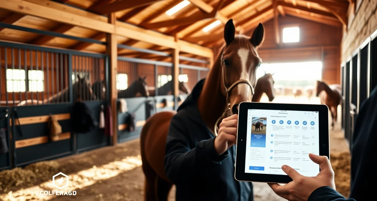 Barn management software interface displayed on tablet at a horse facility in Pueblo, Colorado, showing scheduling and billing features.