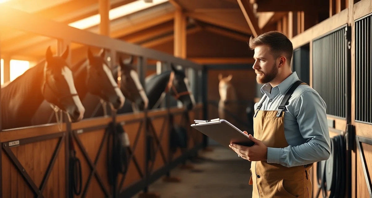 Horse barn facility manager conducting morning checklist routine with reining horse in stable, demonstrating daily care procedures for equestrian facilities.