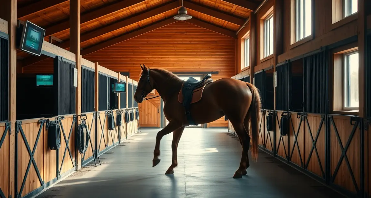 Modern horse barn facility with organized stalls and digital management systems for reining horse training and compliance tracking