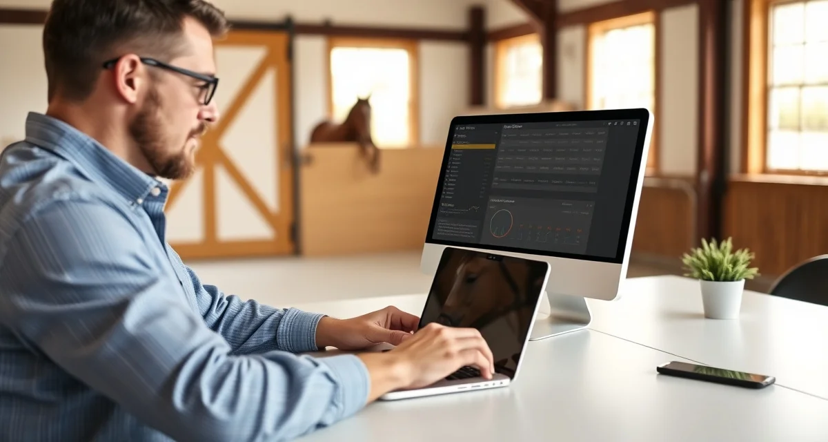 Reining barn owner reviewing digital billing and horse show communication updates on laptop screen in modern barn office