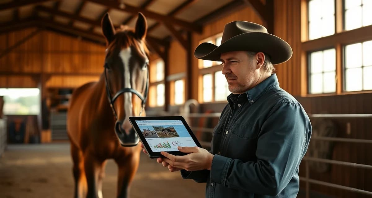 Reining barn owner reviewing horse training updates and NRHA performance metrics on barn management software application