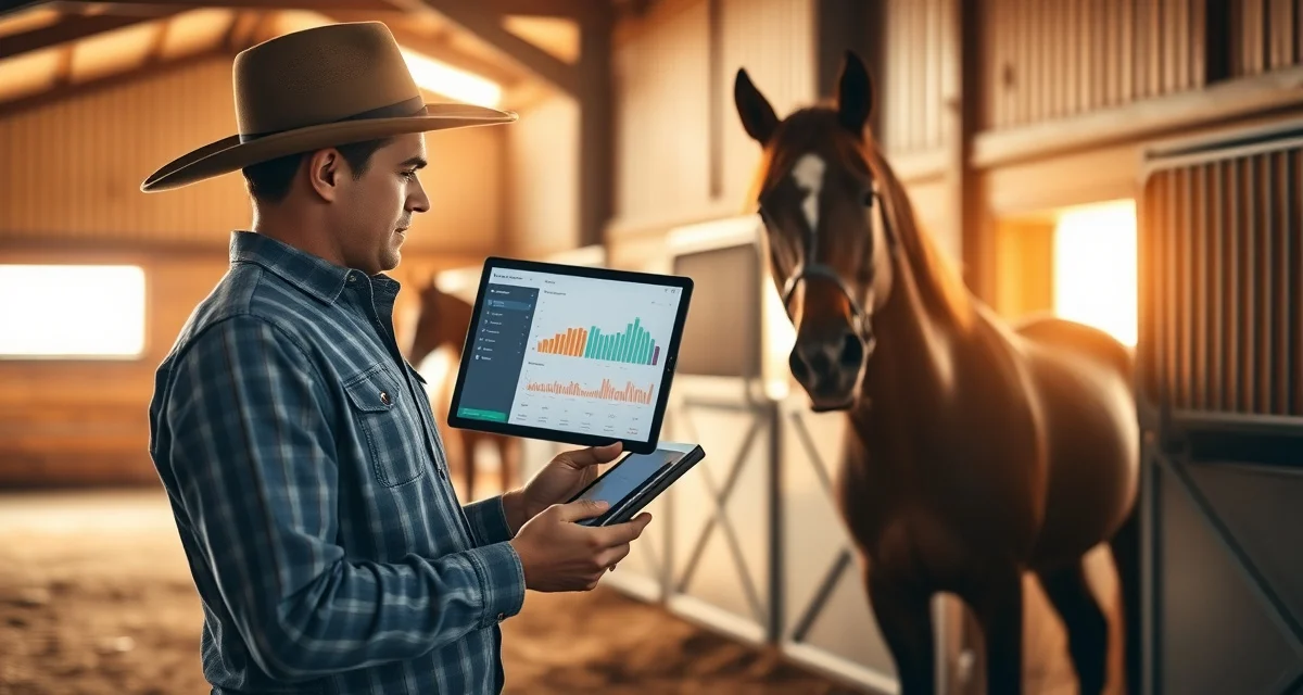 Reining barn owner reviewing daily performance report on tablet with horse training metrics and communication updates