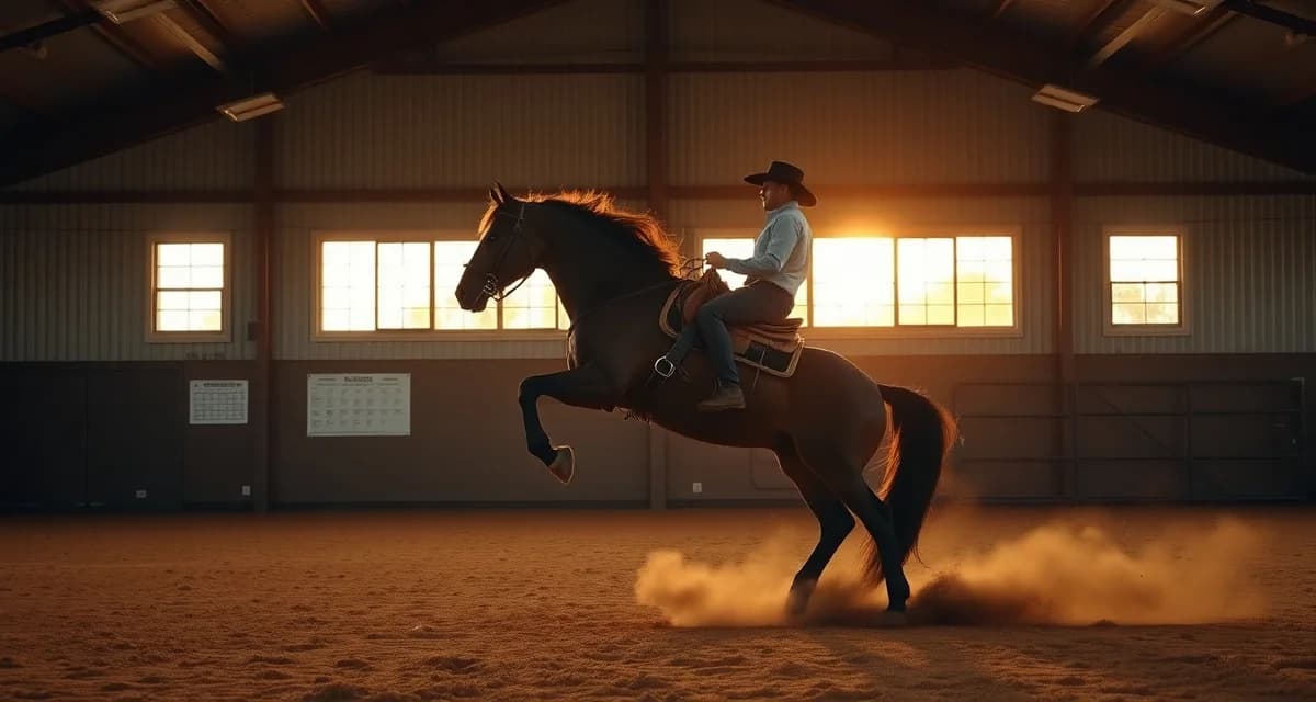 Professional reining horse executing sliding stop maneuver in arena, demonstrating complex scheduling needs for reining facilities