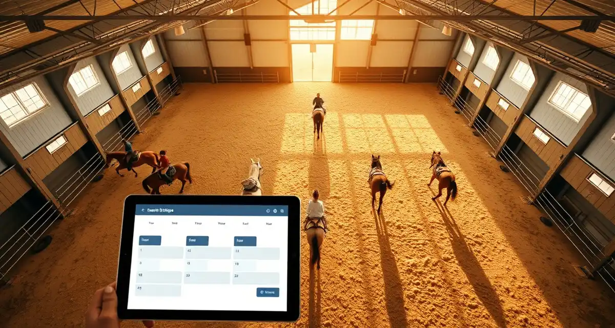 Digital scheduling interface for reining barn management showing multiple horses in training arena with facility calendar system
