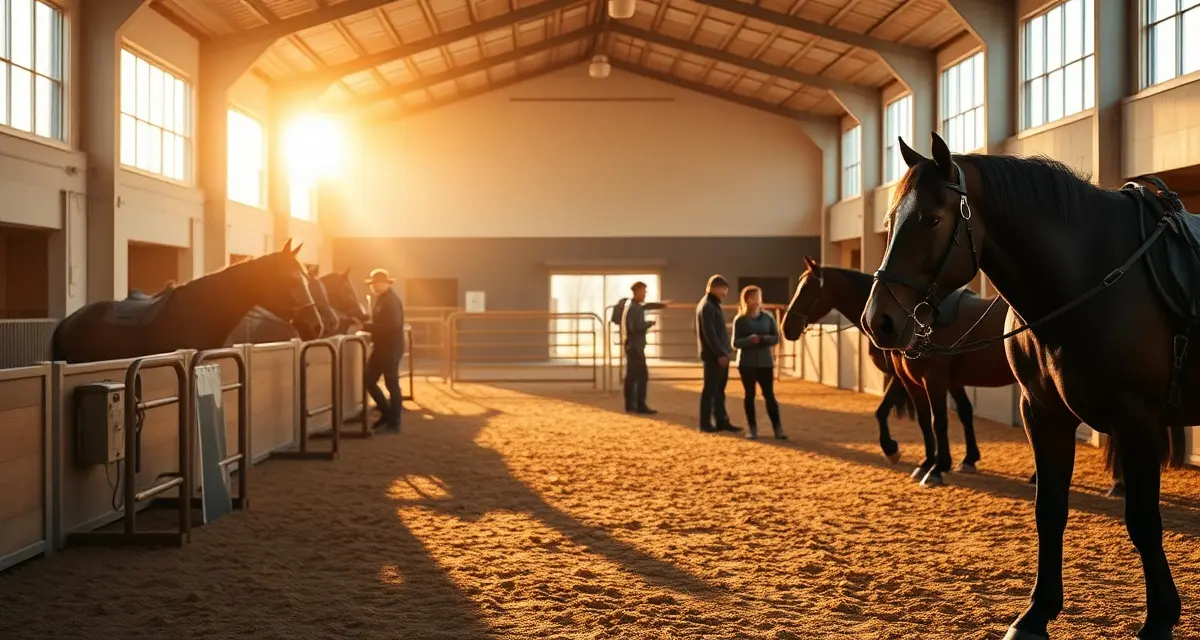 Modern reining barn facility interior with organized training arena and equipment, showing seasonal operational setup for competitive horse training programs.