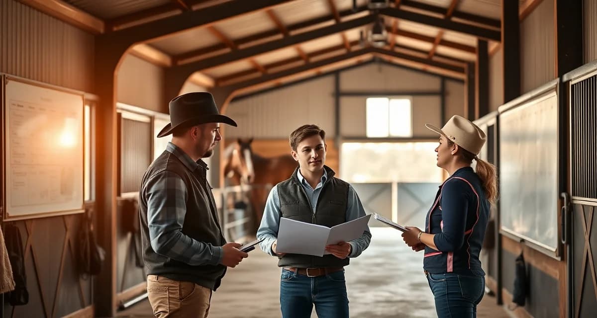 Reining facility staff managers coordinating specialized horse care and training schedules in professional barn environment