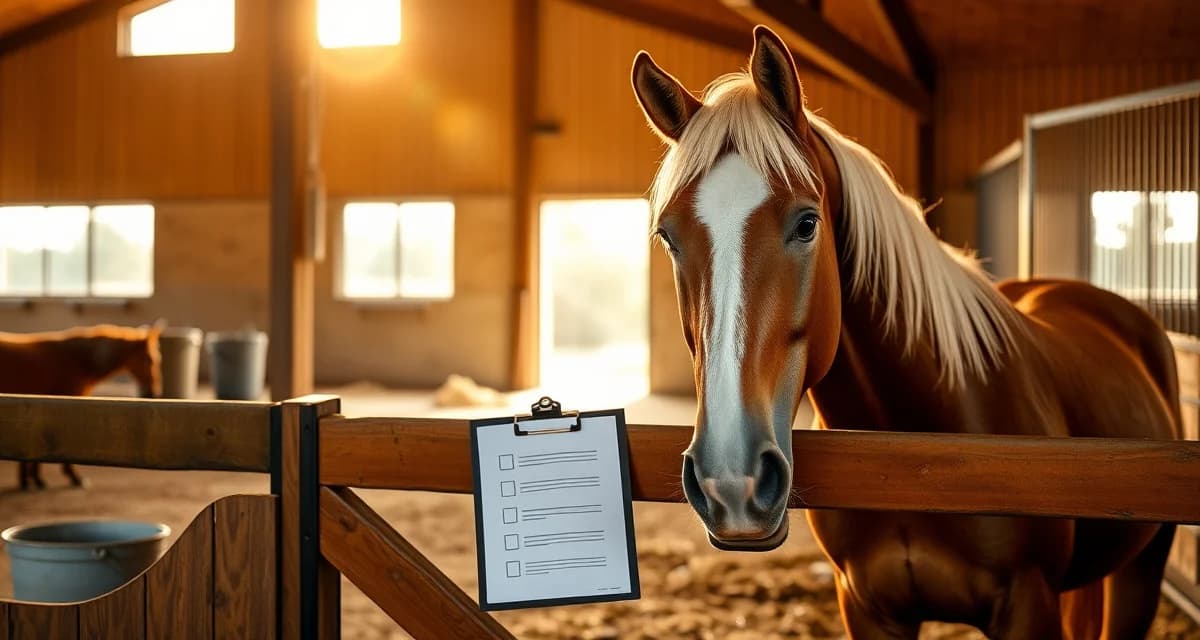 Senior horse in retirement barn stall with daily checklist clipboard showing organized stable management procedures