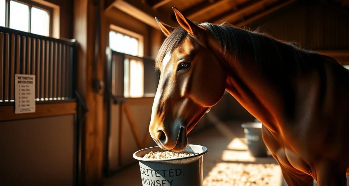 Retirement barn horse feeding management setup showing individual feed bucket with personalized instructions for senior horse care