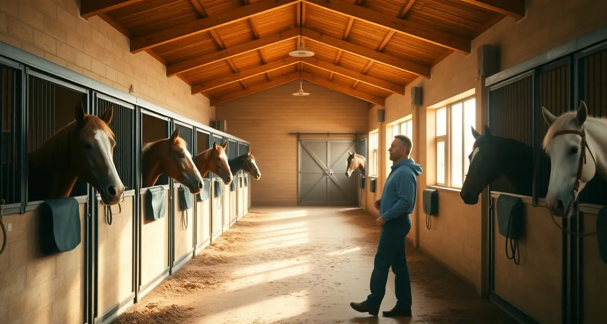 Retirement barn staff member conducting health check on senior horse during shift, demonstrating consistent care routines