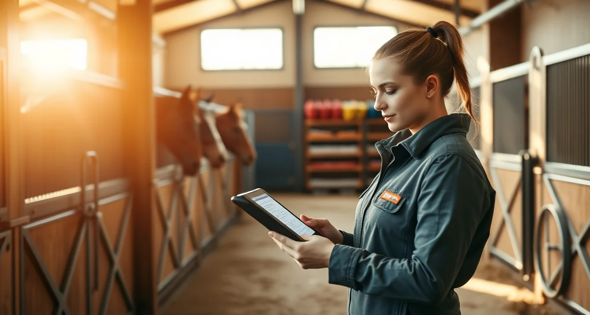 Modern horse barn facility with organized stalls and barn manager using equestrian management software on tablet for scheduling and operations