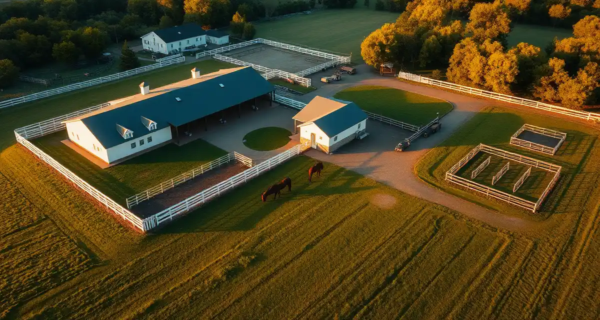 Rhode Island equine facility with organized barn structures, paddocks, and pastures designed for professional horse management and boarding operations.