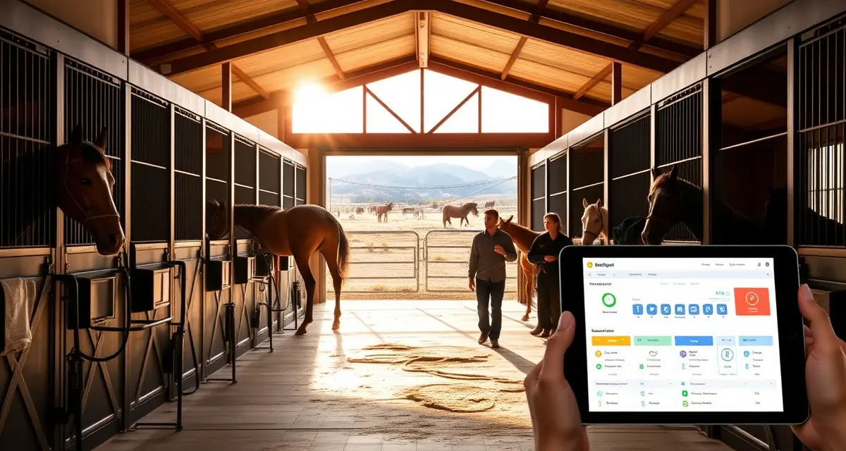 Modern horse barn facility with digital management software interface for Salt Lake City equestrian operations and stable management