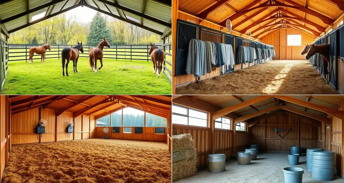 Seasonal barn management visual guide showing spring health checks, summer hydration, fall conditioning, and winter forage preparation for horses.