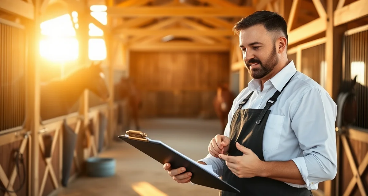 Barn manager reviewing seasonal scheduling adjustments for horse stable management throughout the year