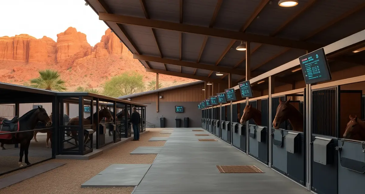 Modern horse barn facility in Sedona Arizona with organized stalls and digital management systems for efficient stable operations.