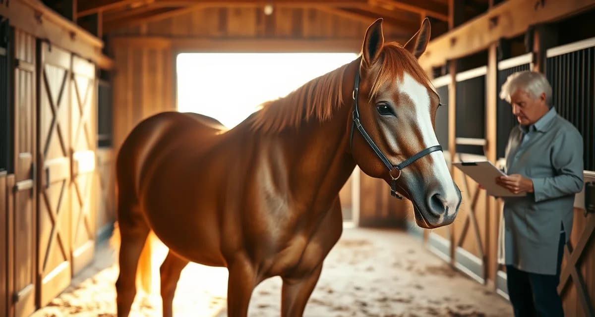 Senior horse in a well-maintained retirement barn with caretaker monitoring health and facility operations for elderly equines