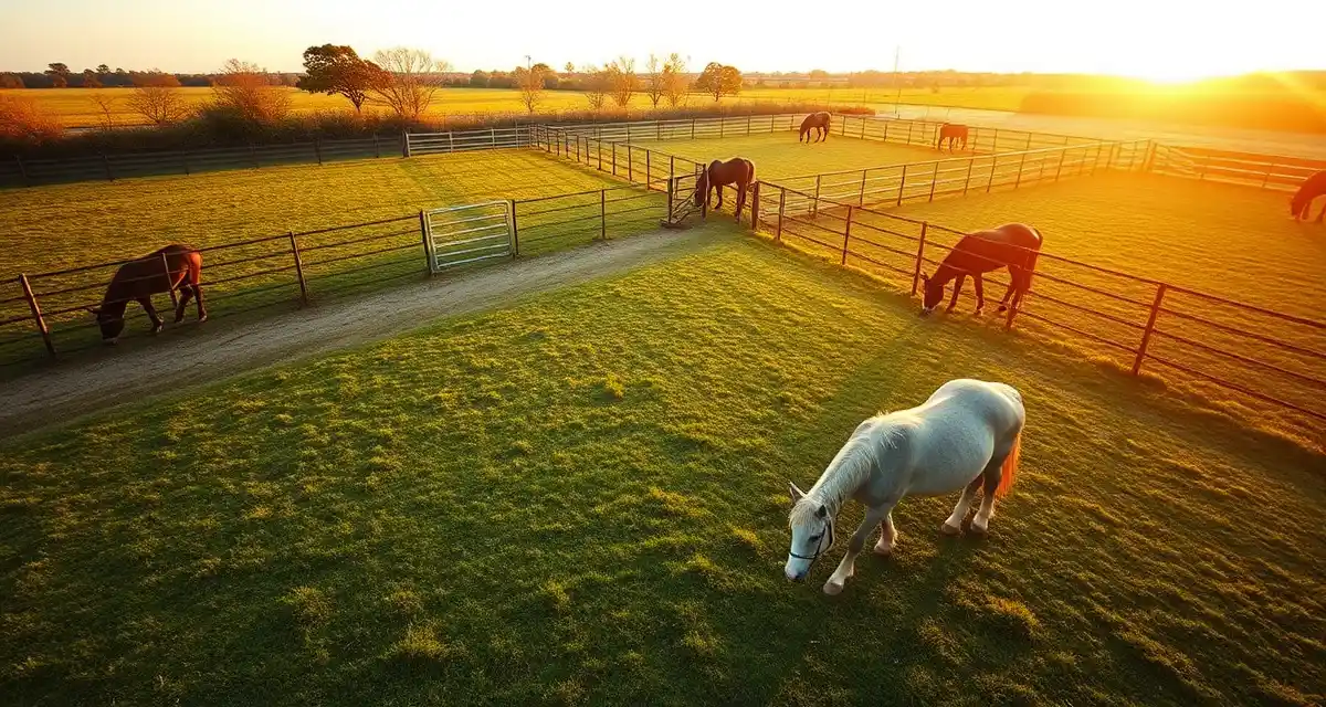Senior horses grazing in separate paddocks as part of a structured retirement barn turnout protocol to prevent injuries