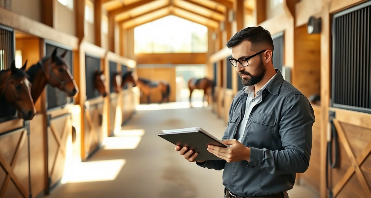 Barn manager organizing shift schedules and horse care tasks at boarding facility using digital planning system