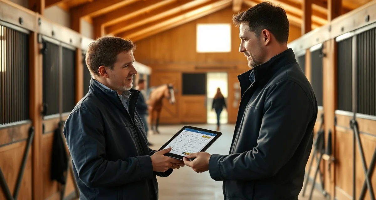Horse barn manager communicating competition updates to owner in professional stable environment