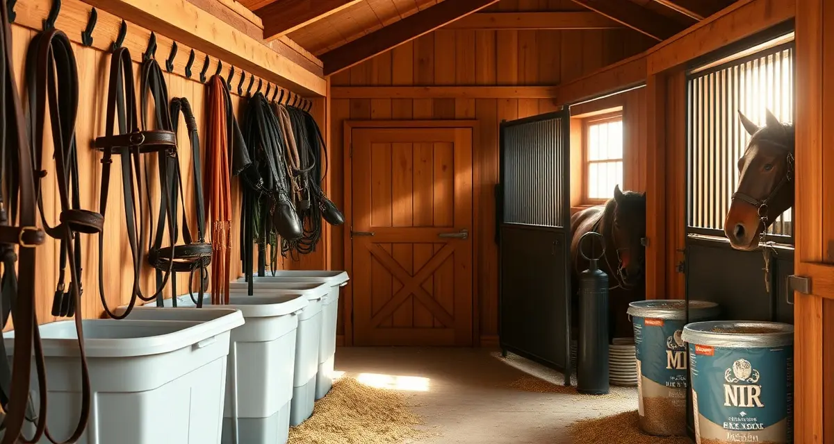 Organized small horse barn interior with equipment storage and well-maintained stalls, representing efficient barn management practices.