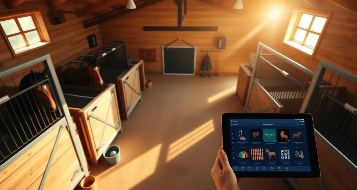 Organized horse barn interior with modern management systems for small barn facilities and operations