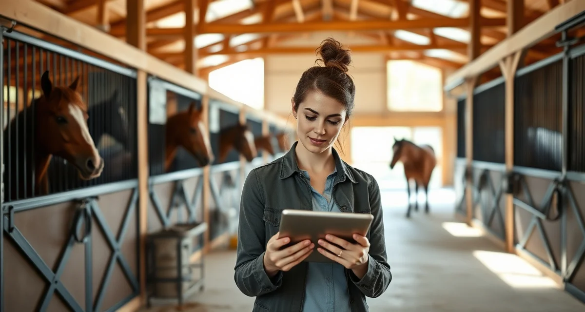 Barn manager organizing small barn operations with digital management system for 10-15 horses