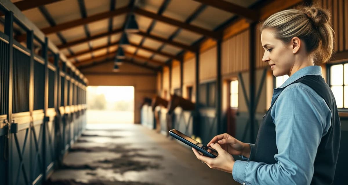 Barn manager using digital barn management software on tablet in modern Sonoma County horse facility with organized stalls and equipment