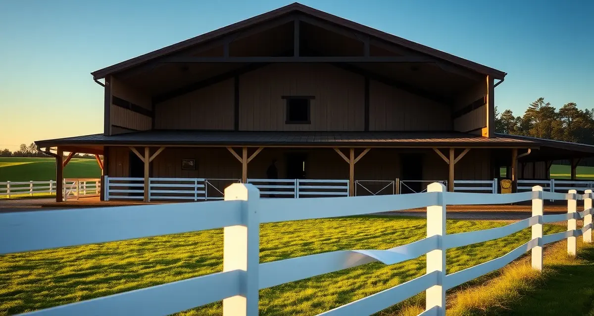 Well-maintained horse barn and pasture facilities in South Carolina's Aiken region, showcasing modern equestrian stable management infrastructure.