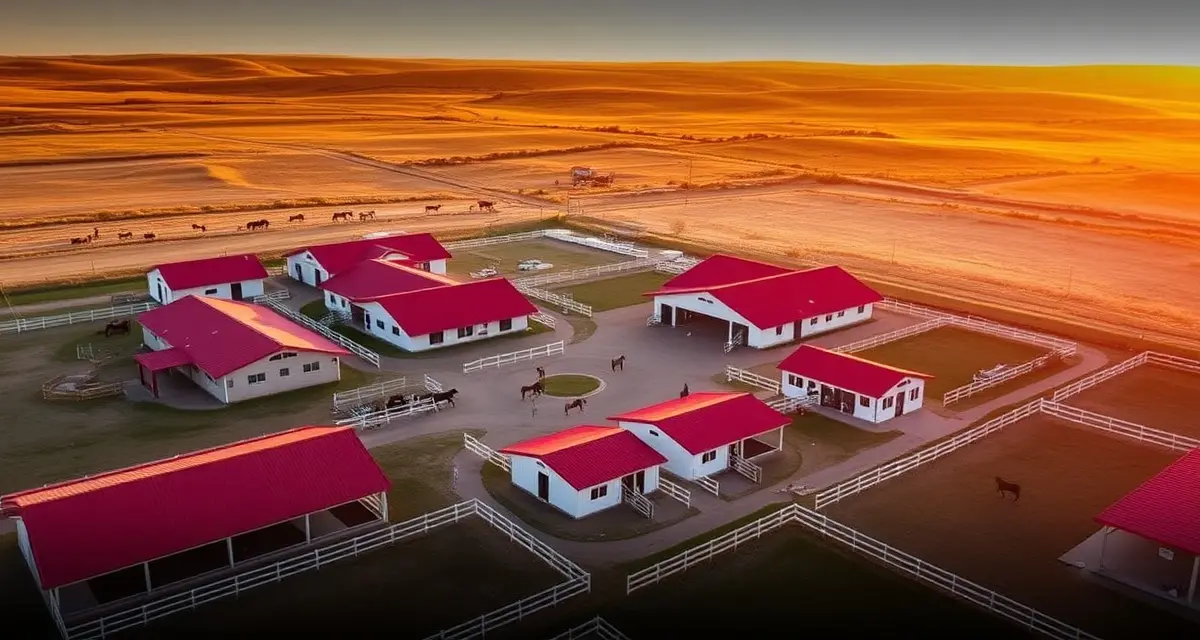 Modern equine facilities in South Dakota showing horse barns, paddocks, and pastures in the Black Hills region for barn management.