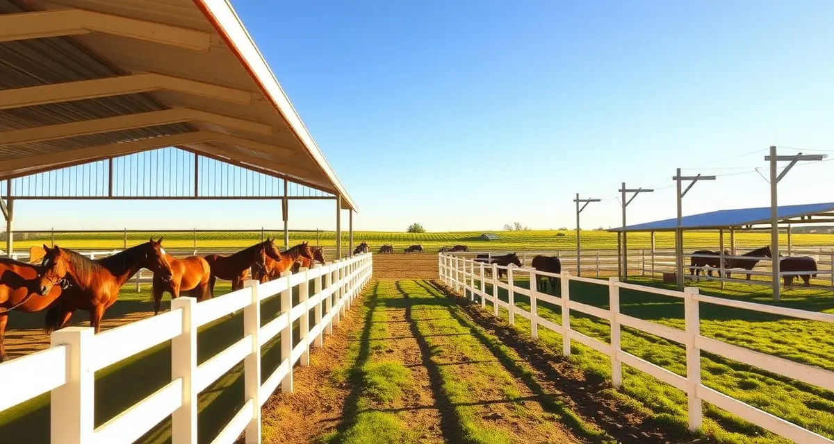 Modern horse boarding barn in South Dakota with white fencing, pastures, and grazing horses showing professional stable management setup.