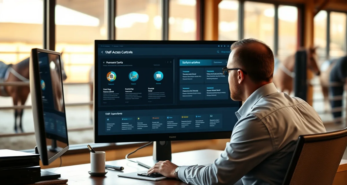 Barn manager reviewing staff permission settings in horse stable management software dashboard with security controls