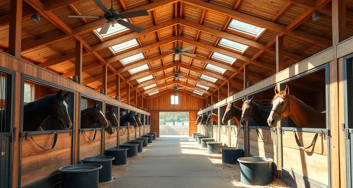 Modern horse barn interior showing summer management setup with ventilation fans, water stations, and heat stress prevention systems for equine care