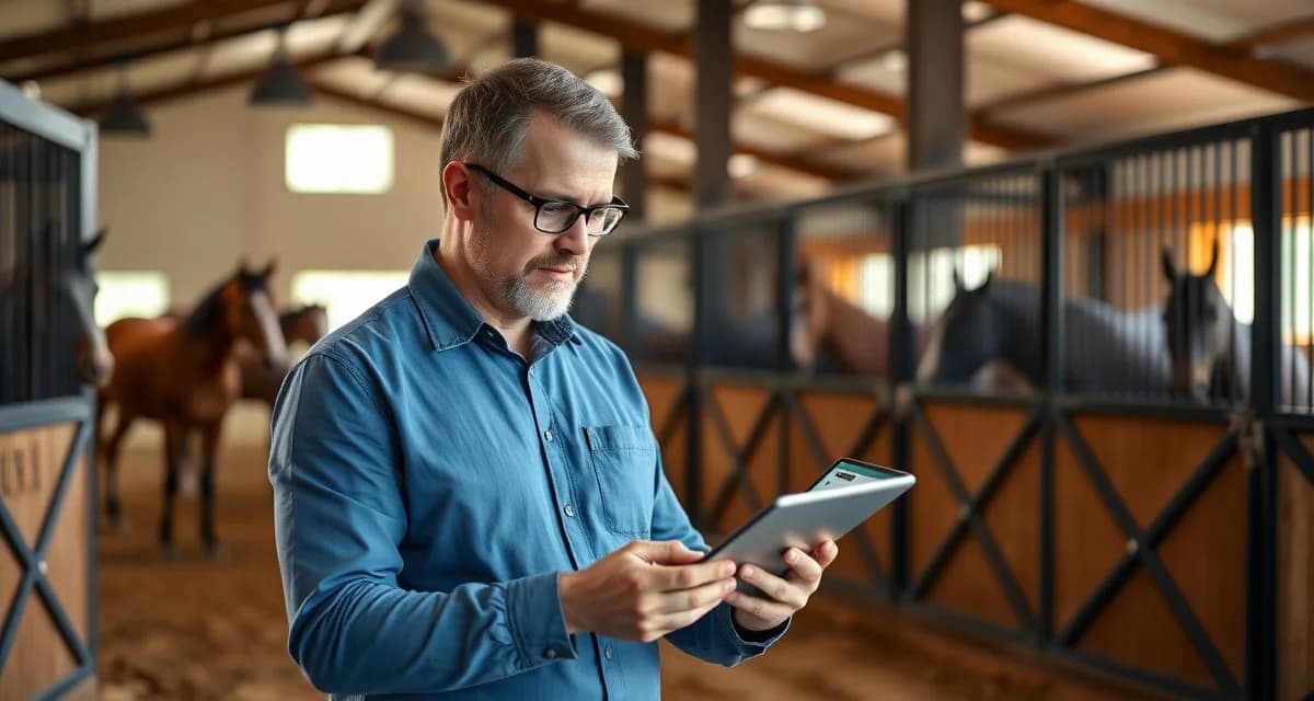 Horse barn owner reviewing digital daily reports for team roping horses on tablet device in stable facility.