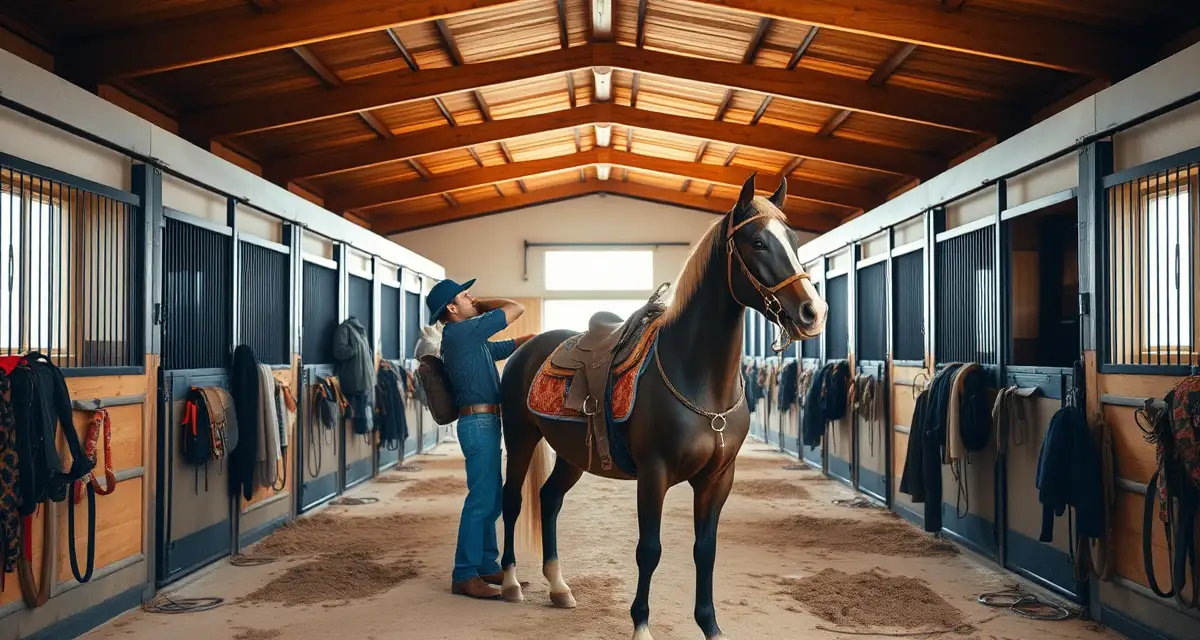 Modern horse barn interior showing team roping horse care, stall organization, and stable management setup for competitive roping operations