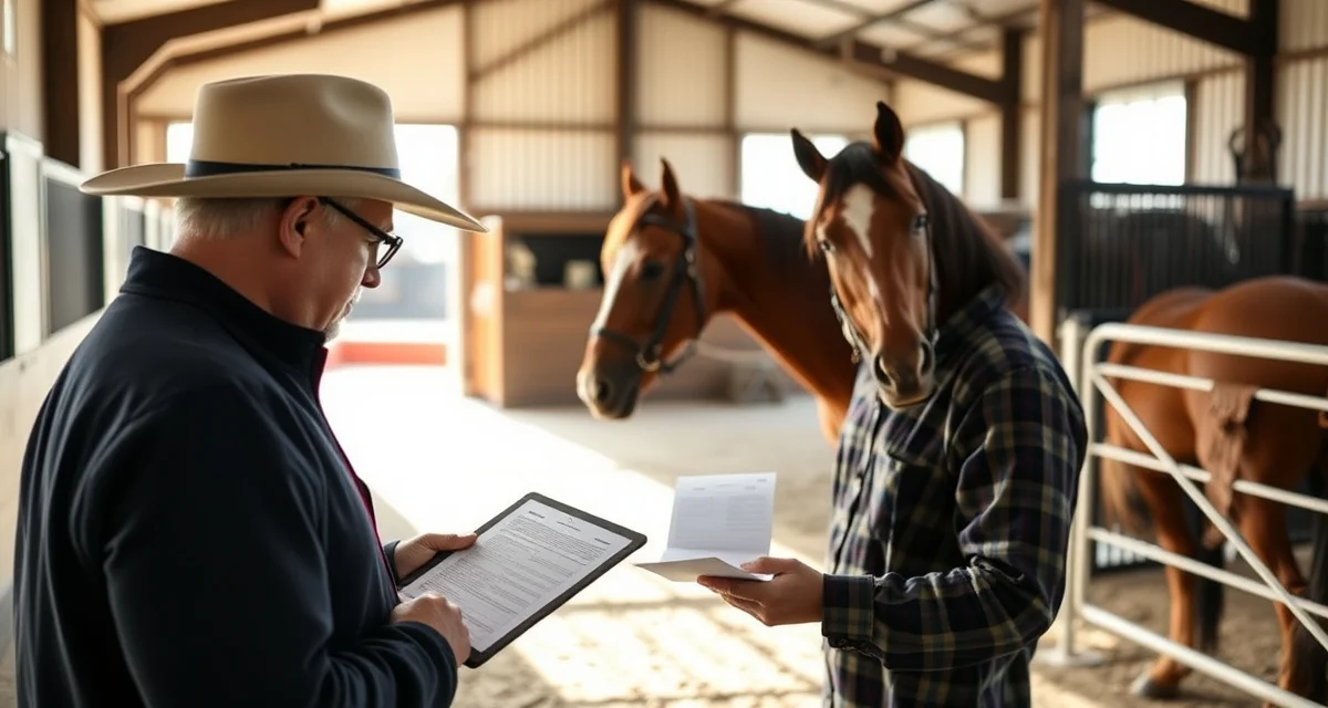 Team roping barn owner reviewing horse training progress updates on digital device in modern stable facility