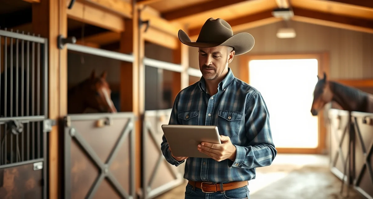 Barn manager using team roping competition management software on tablet to organize header and heeler schedules