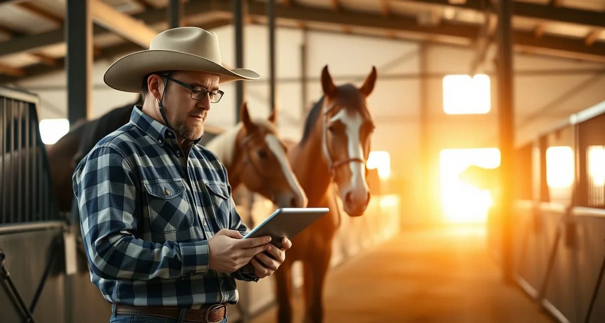 Team roping barn owner reviewing horse health updates on a digital communication platform in a modern stable facility.